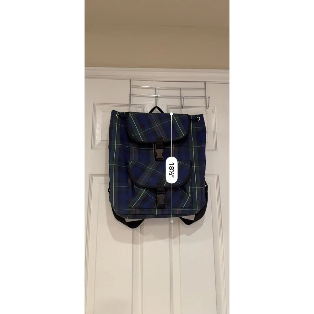 Vintage Plaid Backpack Navy Green Tartan School Bag Buckle Closure Large